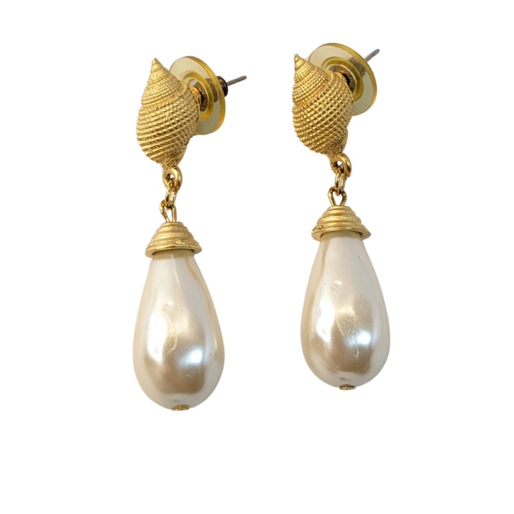 Gold Tone Faux Pearl Teardrop Earrings - Shell Post